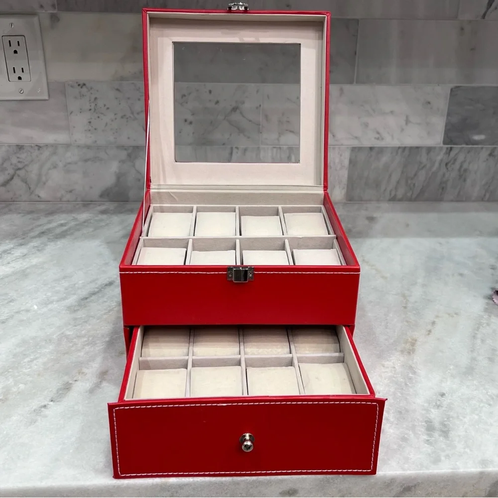 2 TIER Coral Red Faux Leather Watch Box